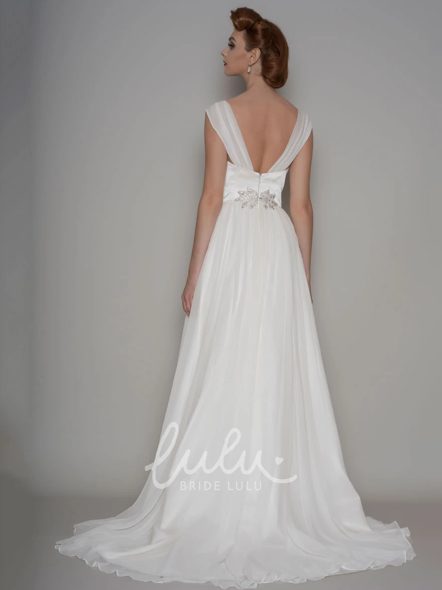 Beaded V-Neck Organza Wedding Dress Cap-Sleeve Floor-Length Pleated