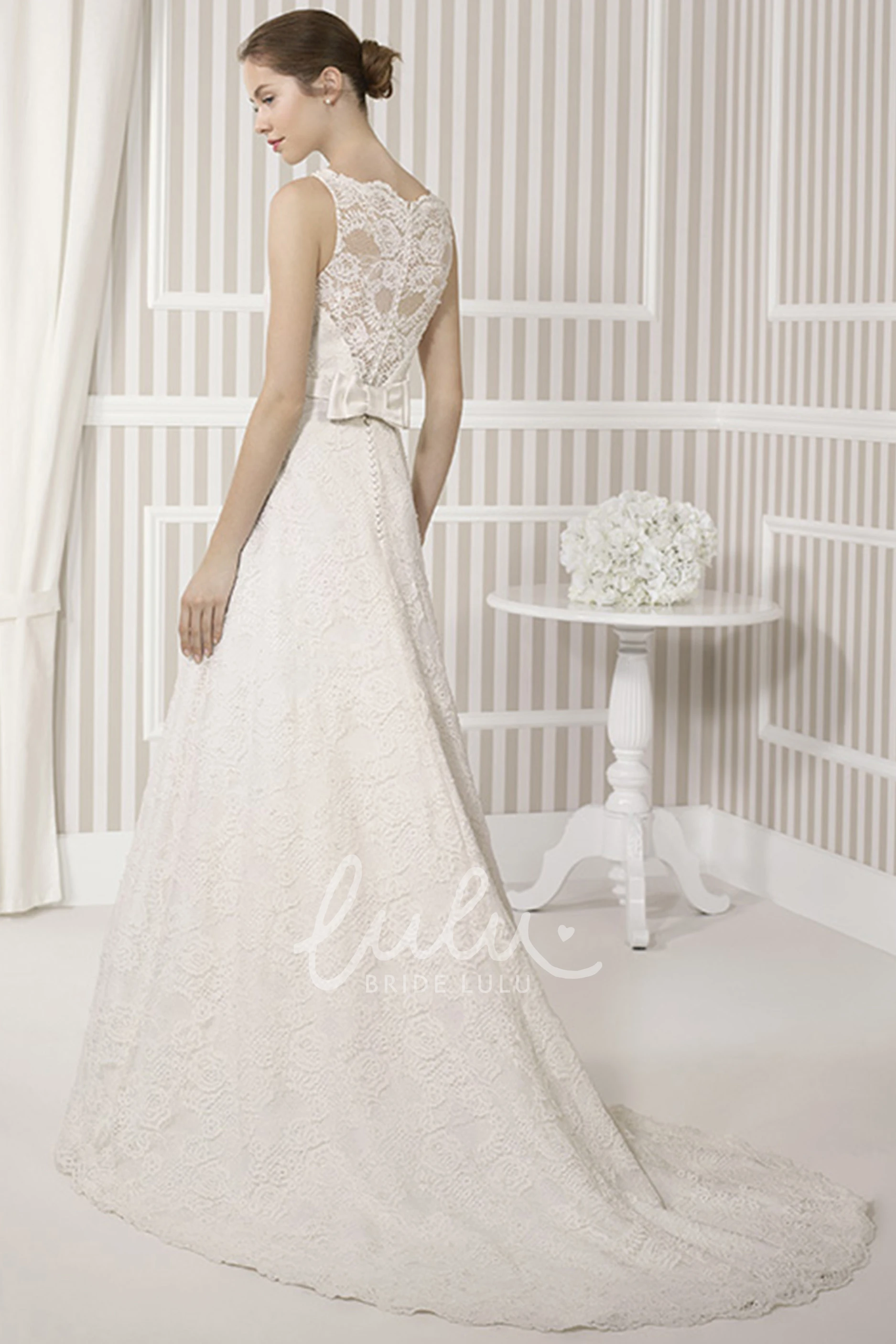 Scoop Neck A-Line Wedding Dress with Bow and Waist Jewelry Classy Wedding Dress