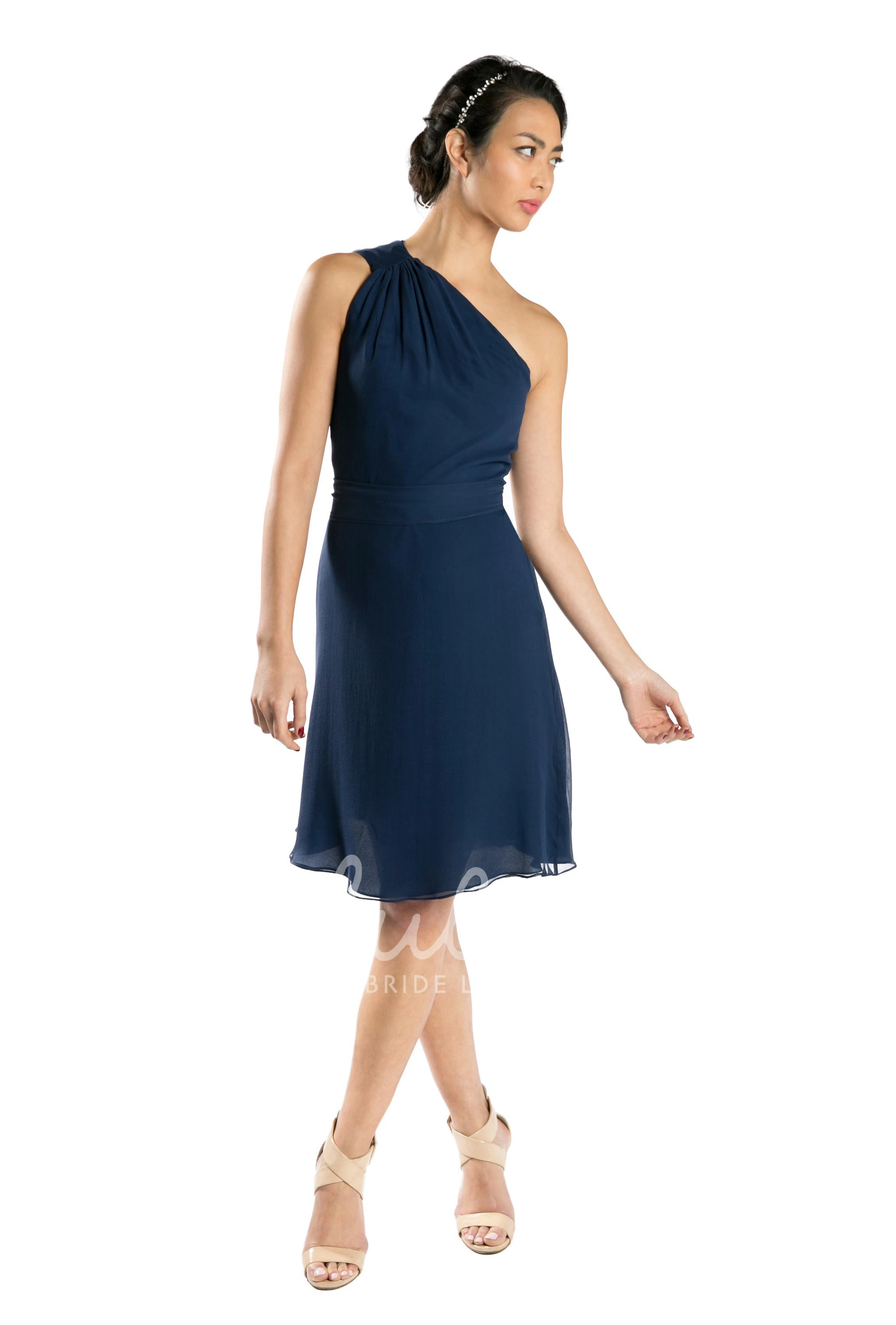 One-Shoulder Knee-Length Chiffon Bridesmaid Dress in Multi-Color Bow Detail