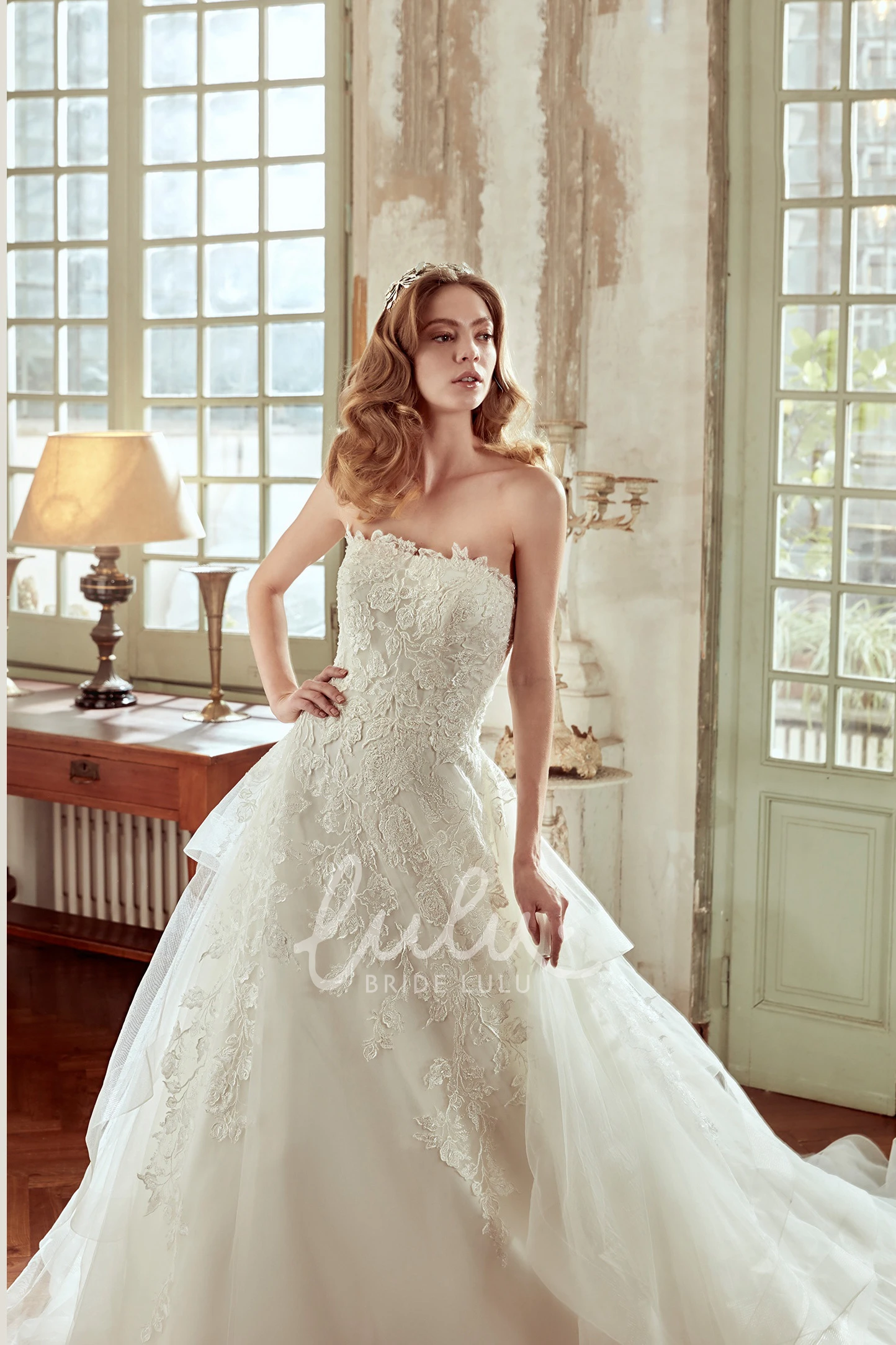 A-Line Lace Embroidered Bodice Wedding Dress with Multi-layer Tulle Skirt Classy Bridal Dress