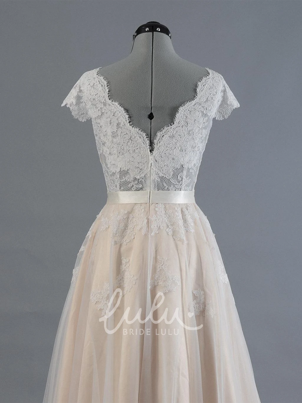 Elegant V-Neck Lace Boho Wedding Dress with Cap Sleeves and Tulle Skirt