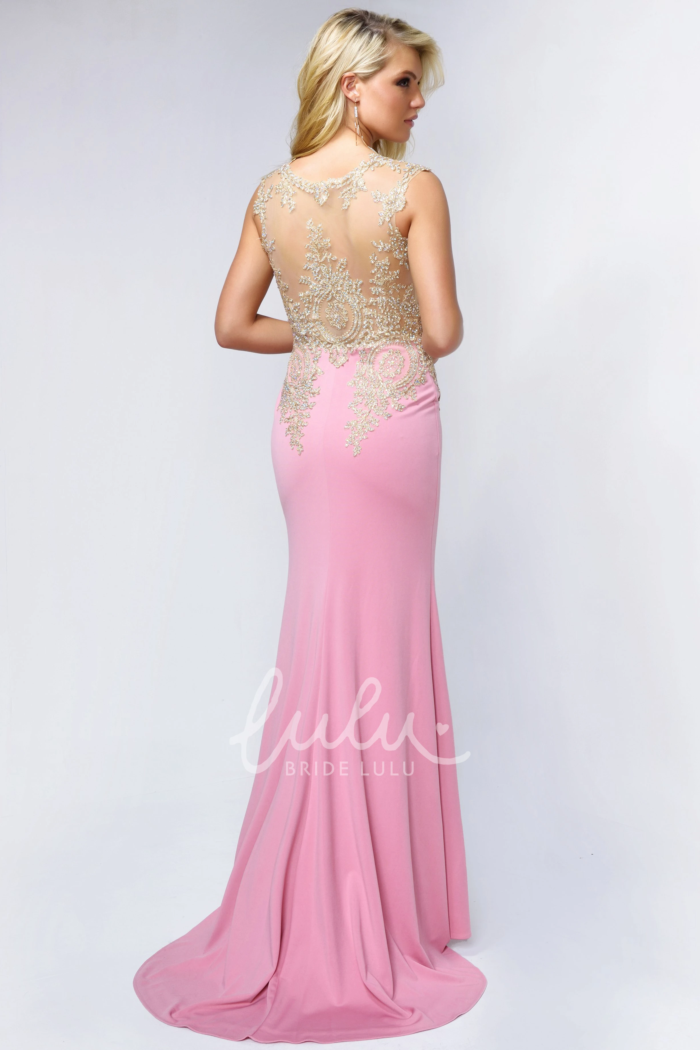 Long Sleeveless Formal Dress with Scoop-Neck and Jersey Illusion Beading