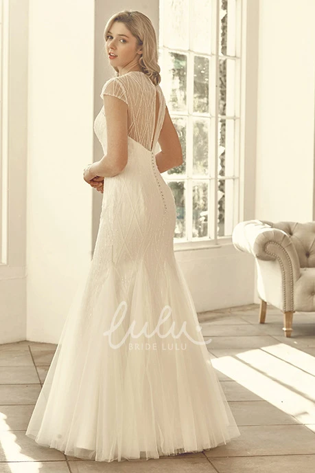 Beaded Tulle V-Neck Wedding Dress with Cap Sleeves Elegant Bridal Gown