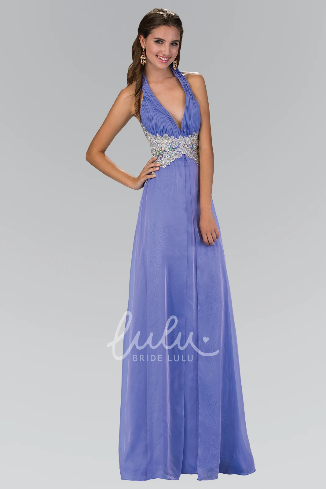Halter Sheath Backless Formal Dress with Ruching and Waist Jewelry