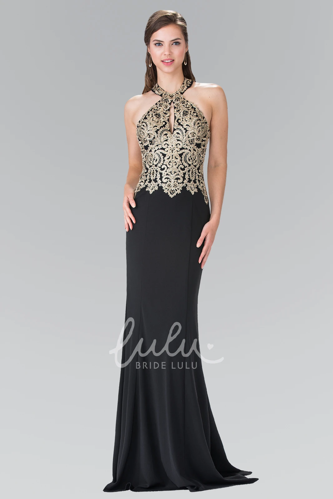 Floor-Length Jersey Halter Bridesmaid Dress With Appliques Sleeveless Sheath