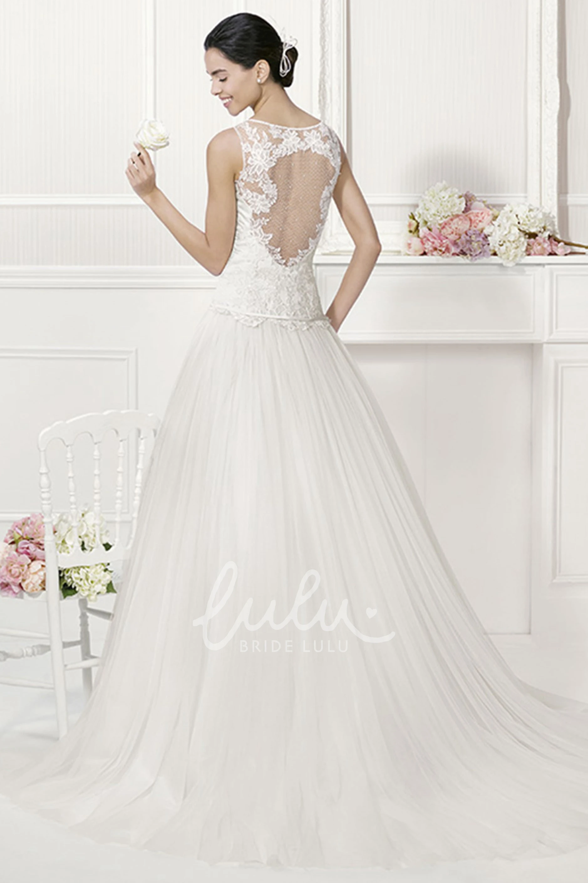 Tulle Drop Waist Bridal Gown with Jewel Neckline and Applique Top