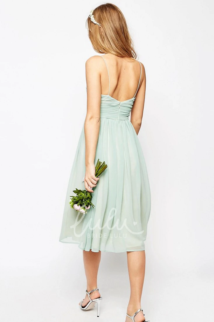 A-Line Tea-Length Ruched Chiffon Bridesmaid Dress with Spaghetti Straps