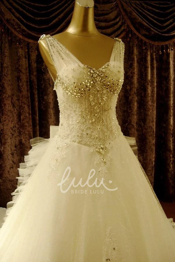 V-Neck Lace Tulle Ball Gown Wedding Dress with Corset Back