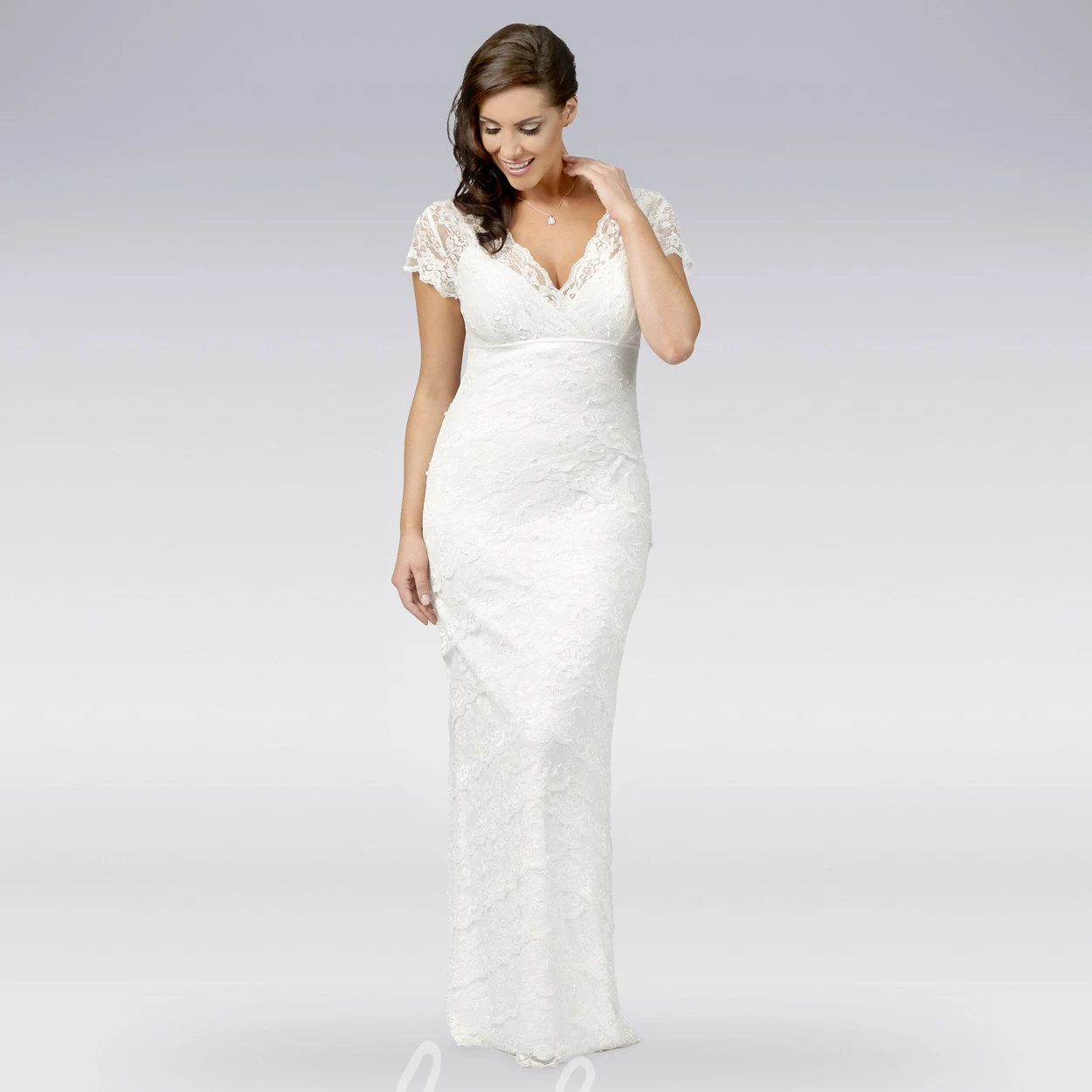 Lace Cap-Sleeve Sheath Wedding Dress V-Neck Elegant Bridal Gown