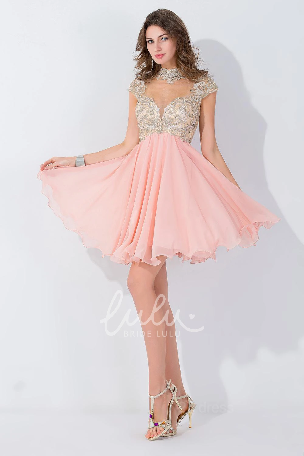 High Neck Cap Sleeve Chiffon Homecoming Dress with Appliques Modern & Elegant