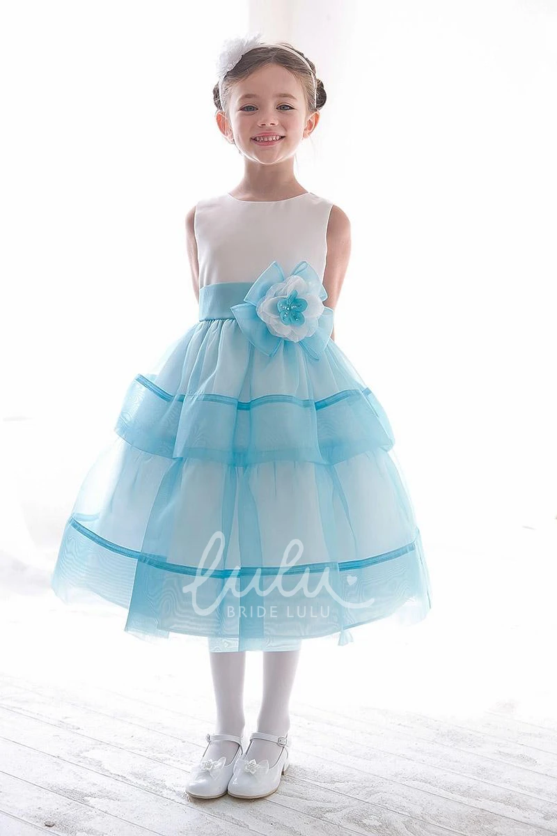 Floral Tea-Length Flower Girl Dress with Beaded Sequins & Split Front