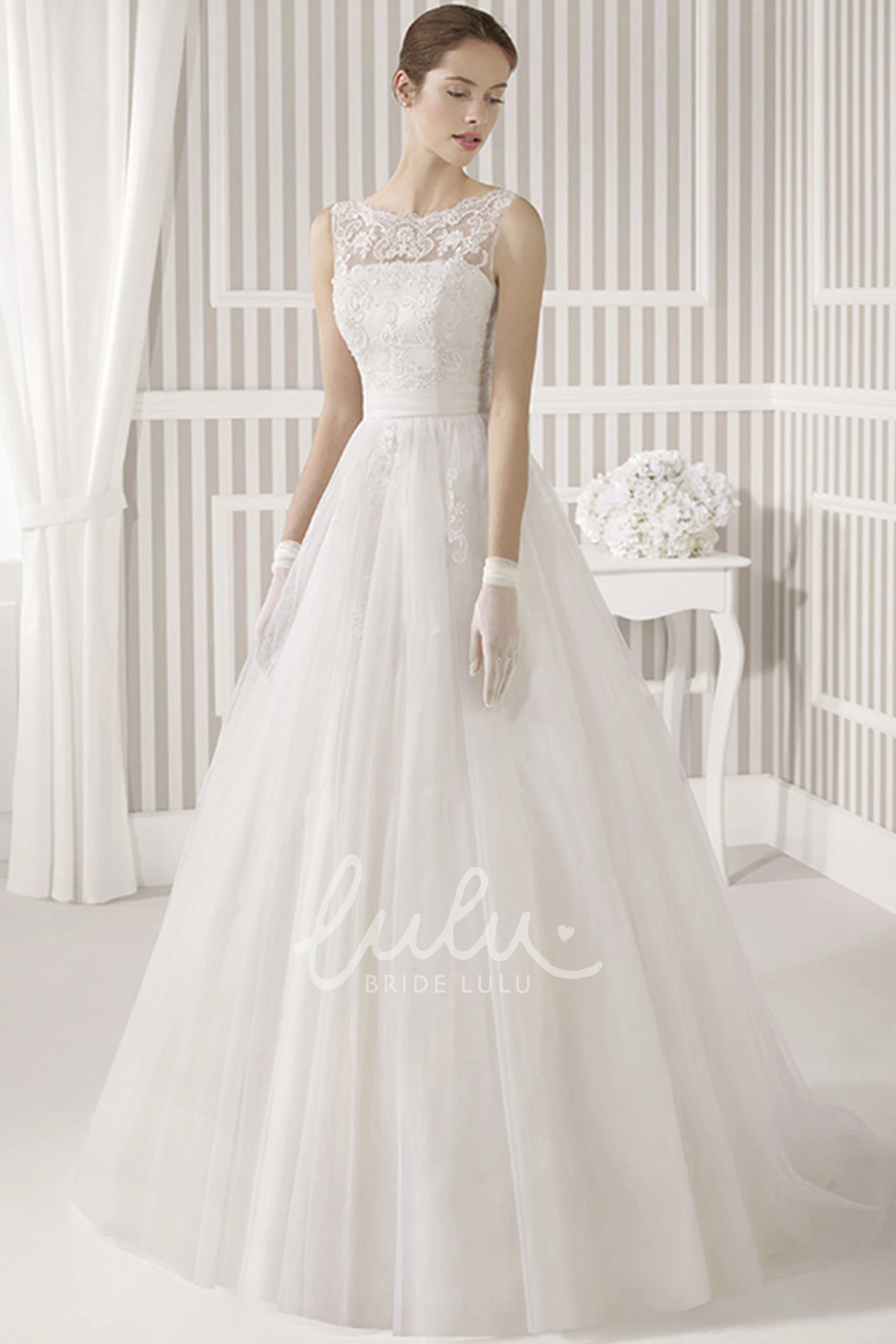 Maxi Appliqued Scoop Tulle&Satin A-Line Wedding Dress with Illusion Back Unique Bridal Gown