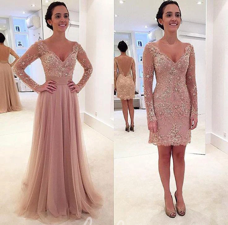 Long Sleeve Lace Appliques Evening Dress Elegant Women's Formal Dress Modern Tulle Detachable