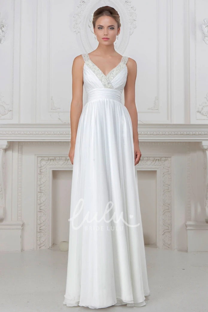 Satin Ruched V-Neck Wedding Dress with Beading Sleeveless Floor-Length