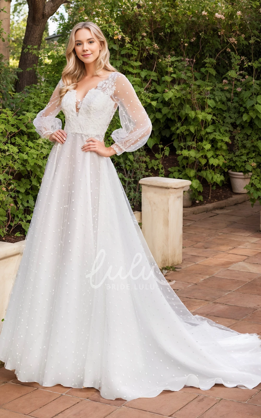 Mature Modest A-Line Boho Lace Plunging Neck Wedding Dress Floral Elegant Long Puff Sleeve Appliqued Polka Dot Tulle Bridal Gown