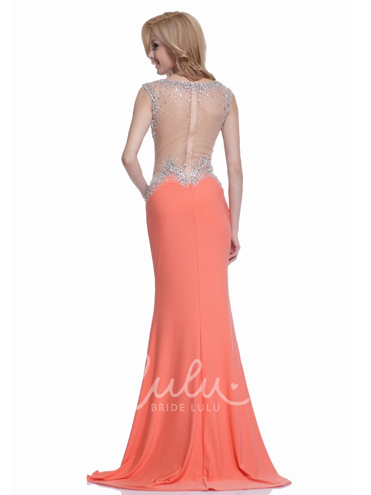 Sleeveless Jersey Illusion Formal Dress with Beading and Scoop Neck