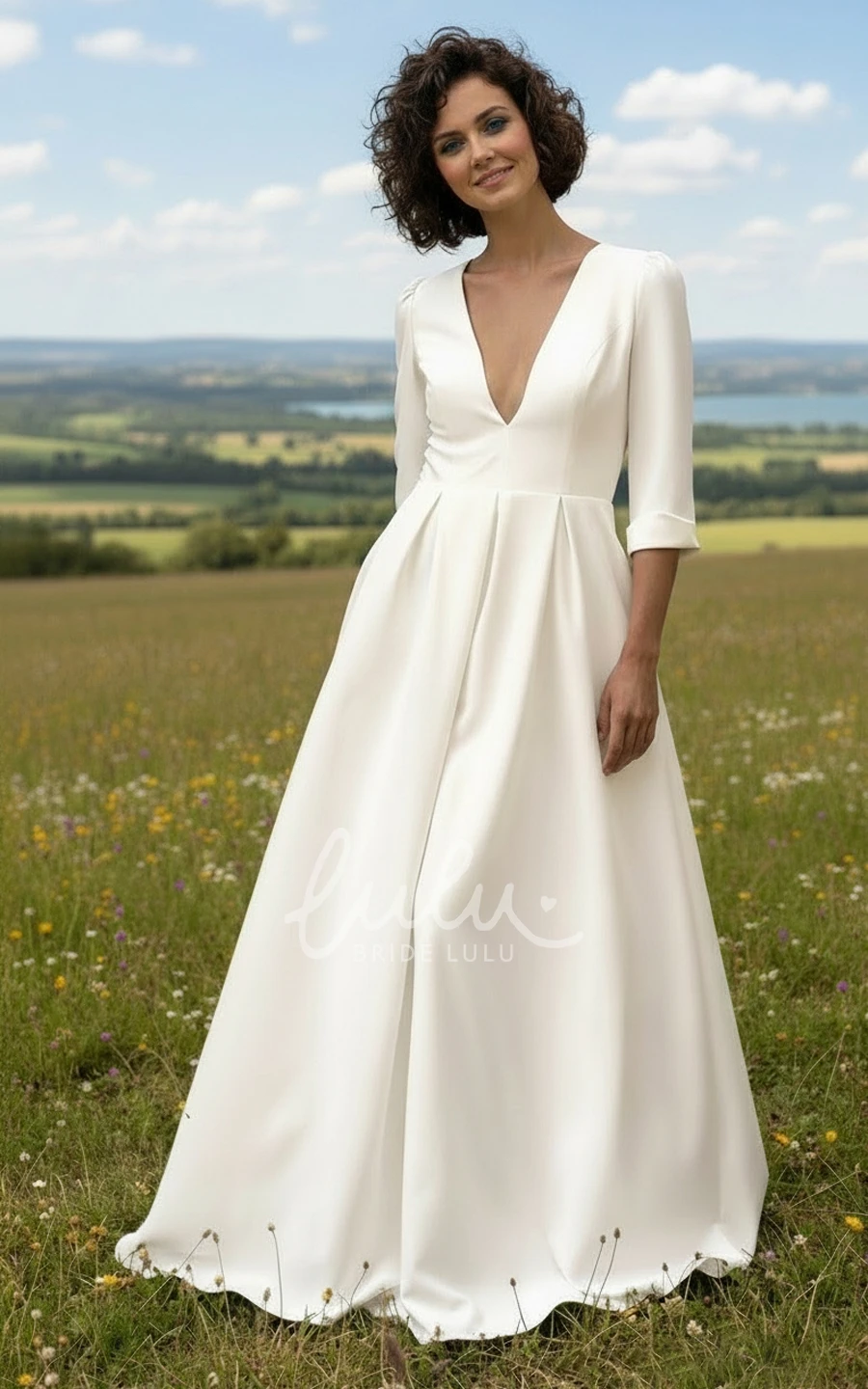 Simple A-Line 3/4 Sleeves Wedding Dress with Lace Back for Garden Weddings