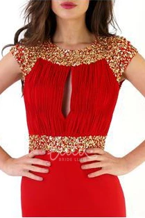 Cap-Sleeve Beaded Sheath Long Scoop Jersey Prom Dress with Ruching and Keyhole Back Modern Prom Dress