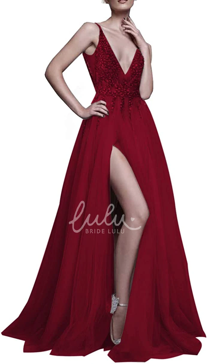 Sleeveless V-neck Tulle A-line Prom Dress with Beading Glamorous