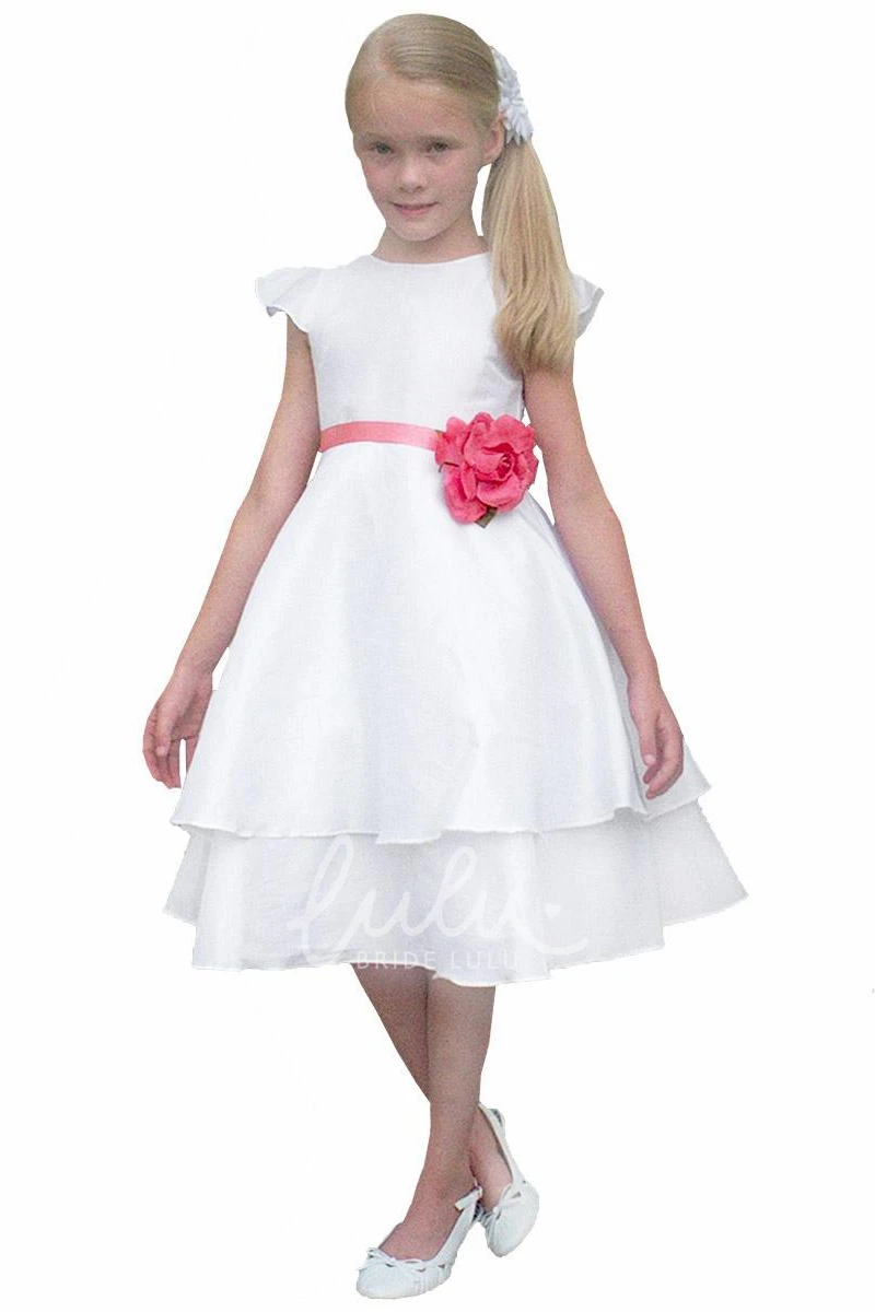 Cap-Sleeve Taffeta Tea-Length Flower Girl Dress for Weddings