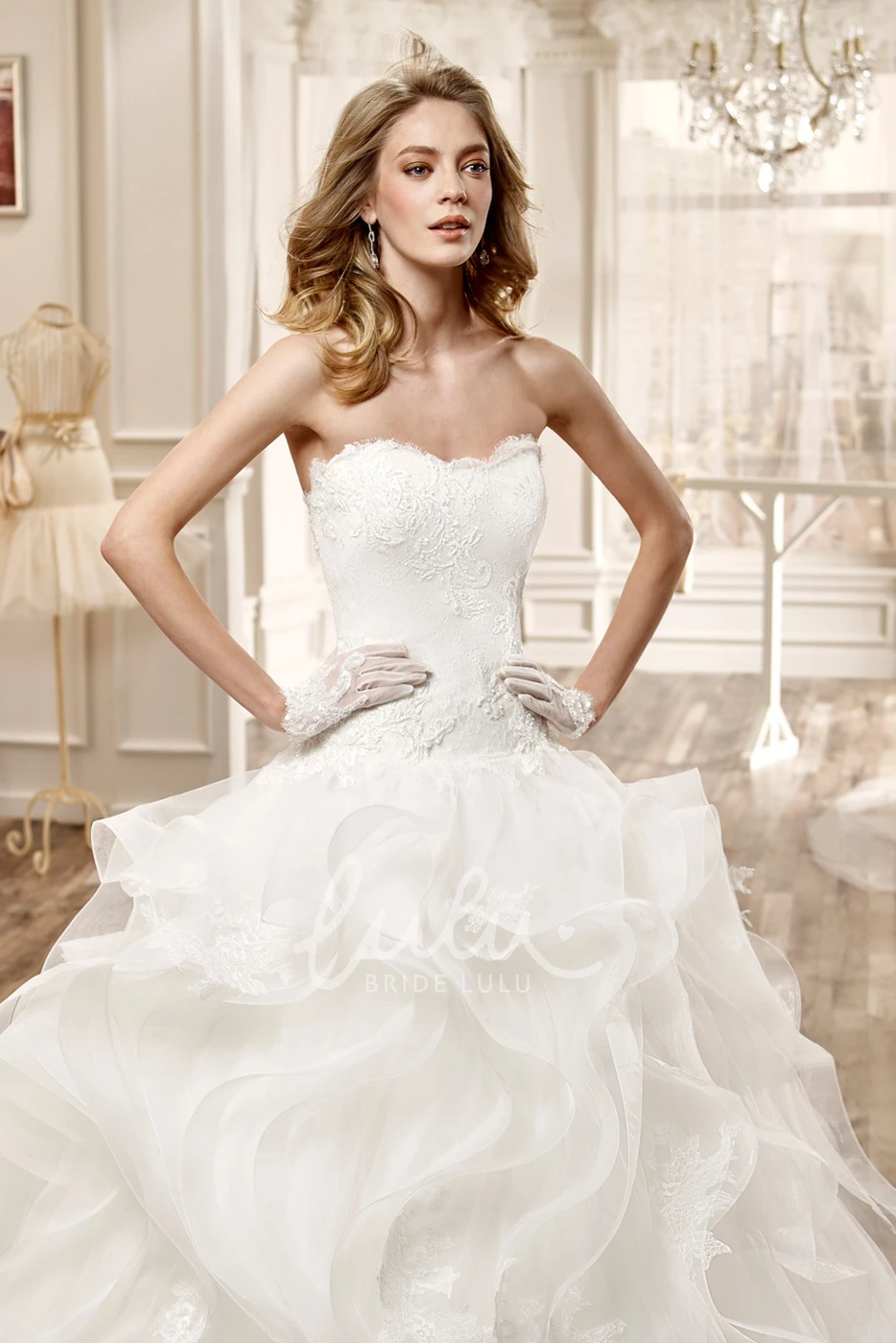Strapless Wedding Dress with Cascading Ruffles and Low Back Romantic Bridal Gown
