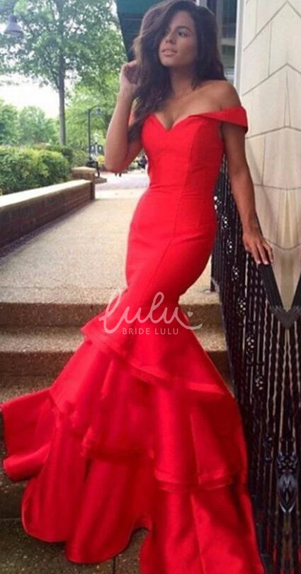 Red Off-Shoulder Mermaid Prom Dress with Ruffles and Sexy Look