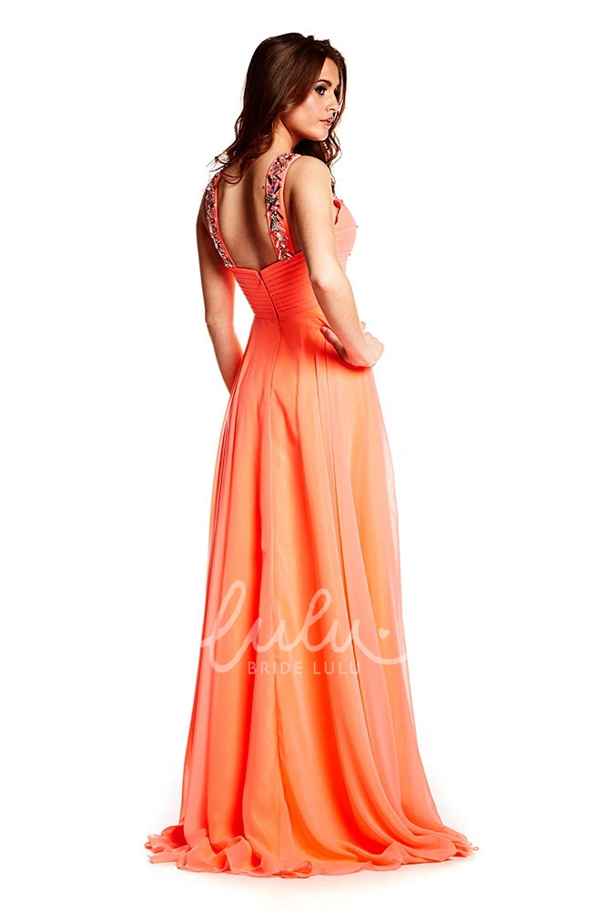 V-Neck Beaded Chiffon Prom Dress with Brush Train Floor-Length Elegant Women's Dress
