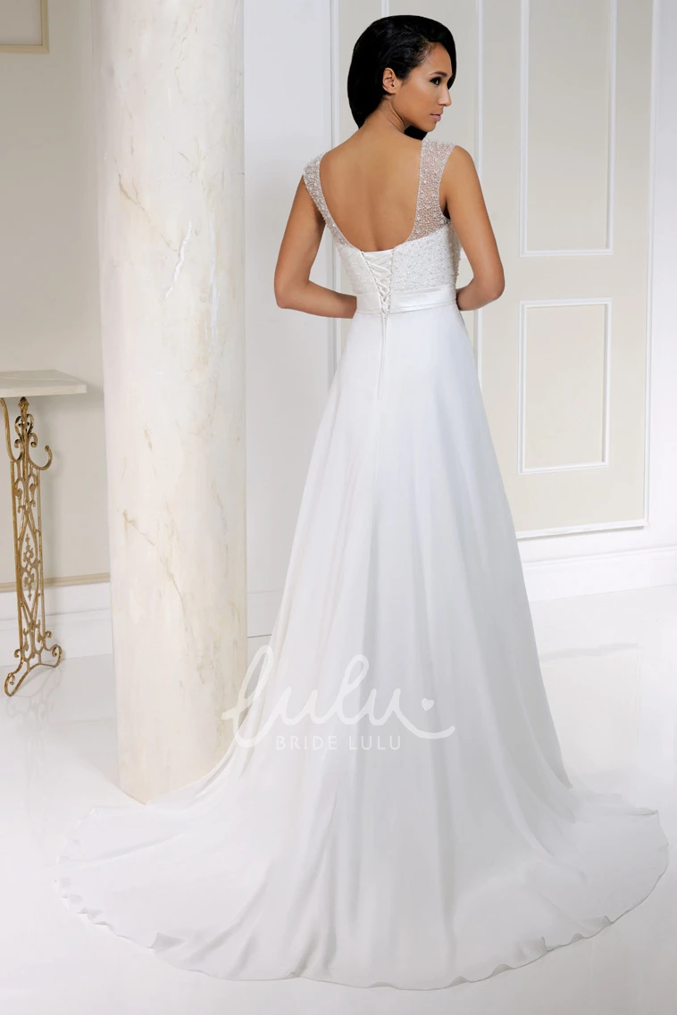 Chiffon Beaded Wedding Dress with Lace-Up Long Bateau