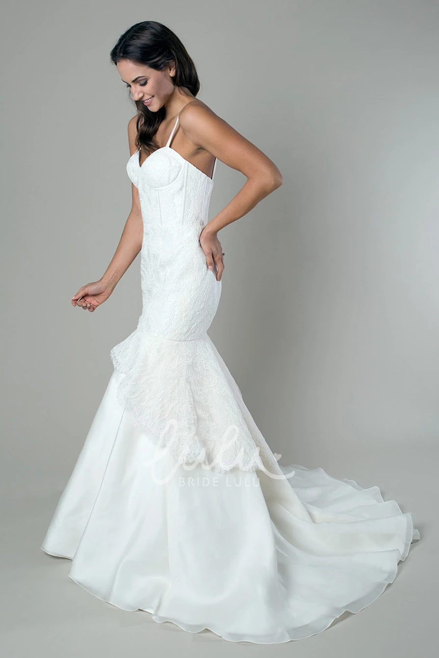 Trumpet Peplum Sleeveless Spaghetti Long Lace&Satin Wedding Dress Trumpet Lace & Satin Sleeveless Wedding Dress