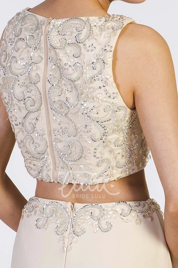 Long Beaded Jewel-Neck Chiffon Prom Dress with Split Back Pencil Sleeveless Flowy