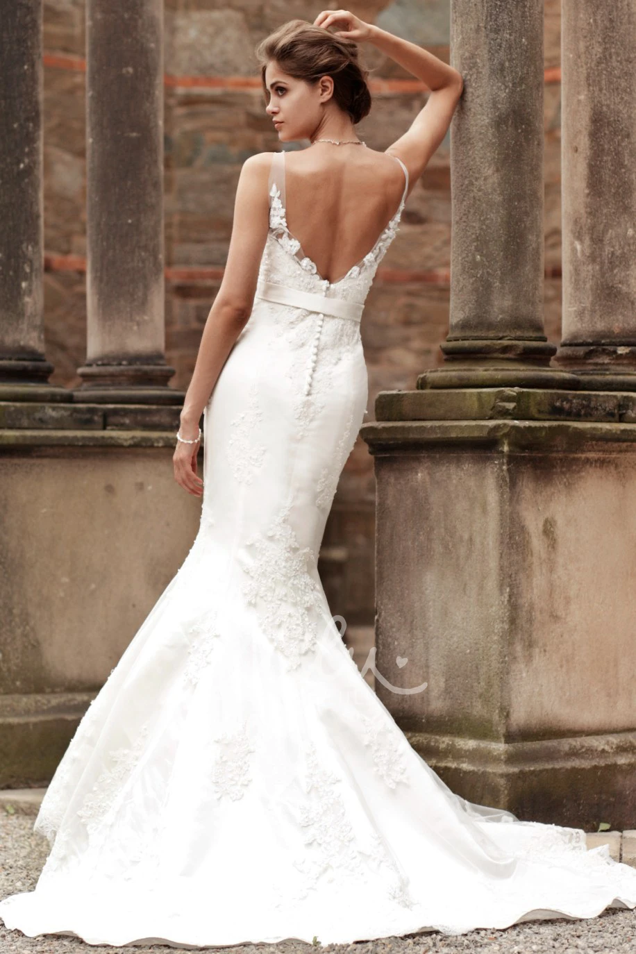Mermaid Lace Appliqued V-Neck Wedding Dress in Floor-Length