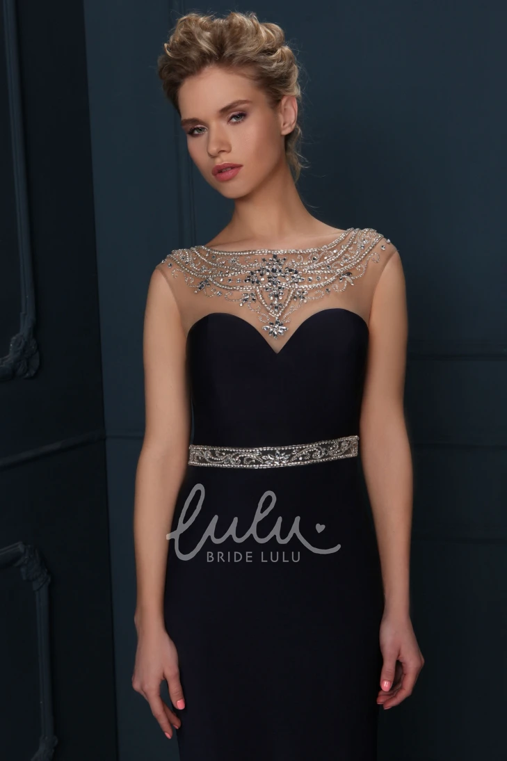 Jewel Neck Beaded Jersey Evening Dress with Cap Sleeves Formal Dress