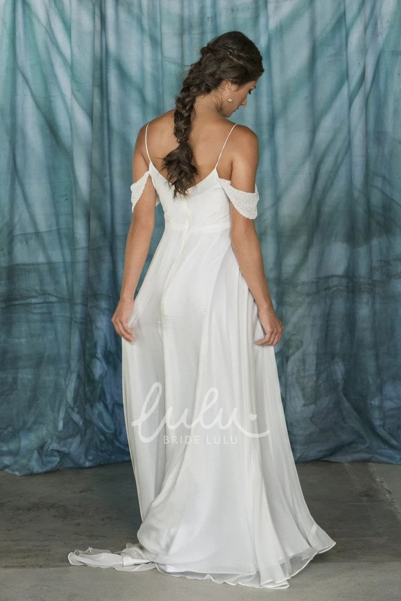 Chiffon A-Line Wedding Dress with Spaghetti Straps and V-Neck
