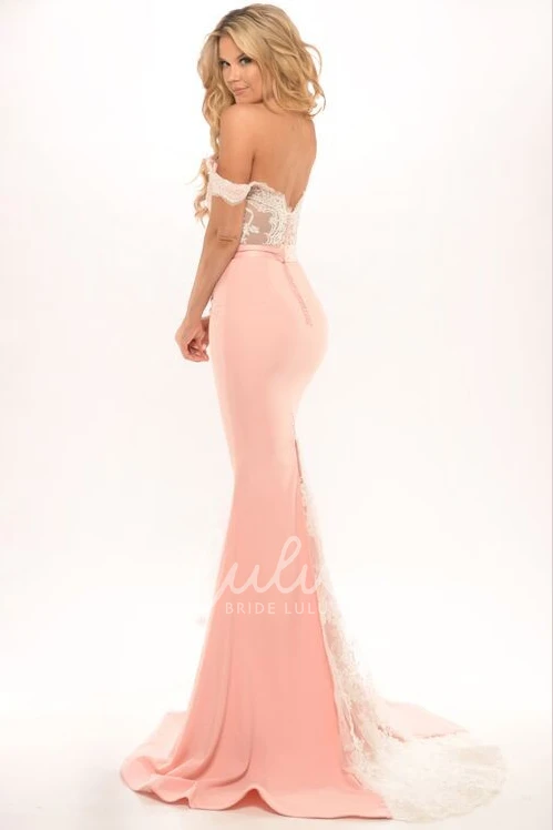 Floor-Length Sheath Jersey Prom Dress with Off-Shoulder Style and Appliques