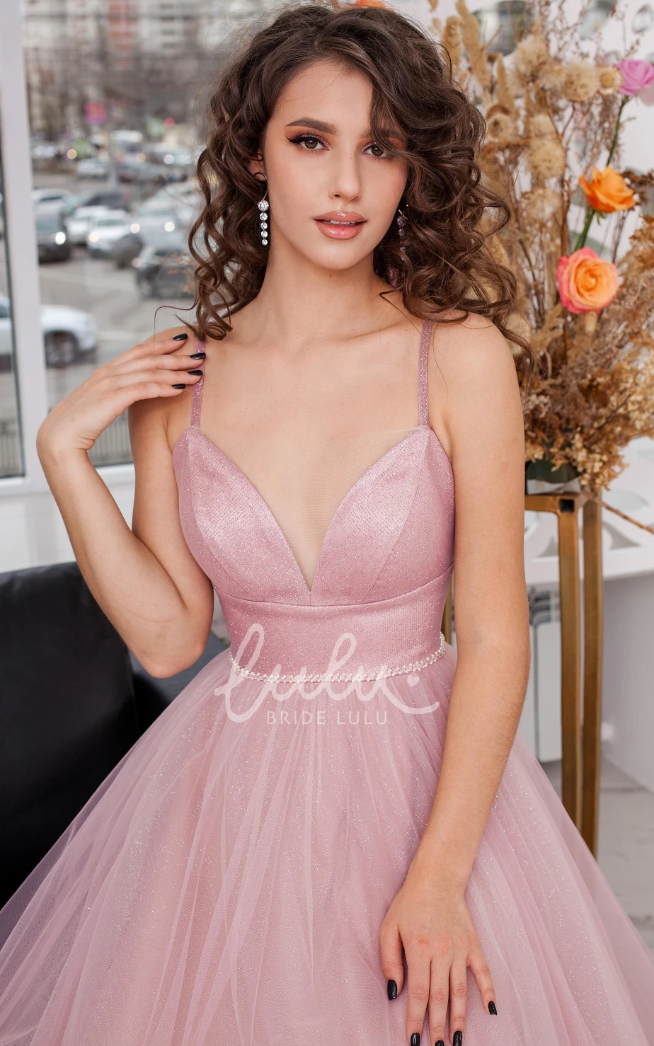 Spaghetti V-neck Satin Tulle A-Line Romantic Evening Dress for Women