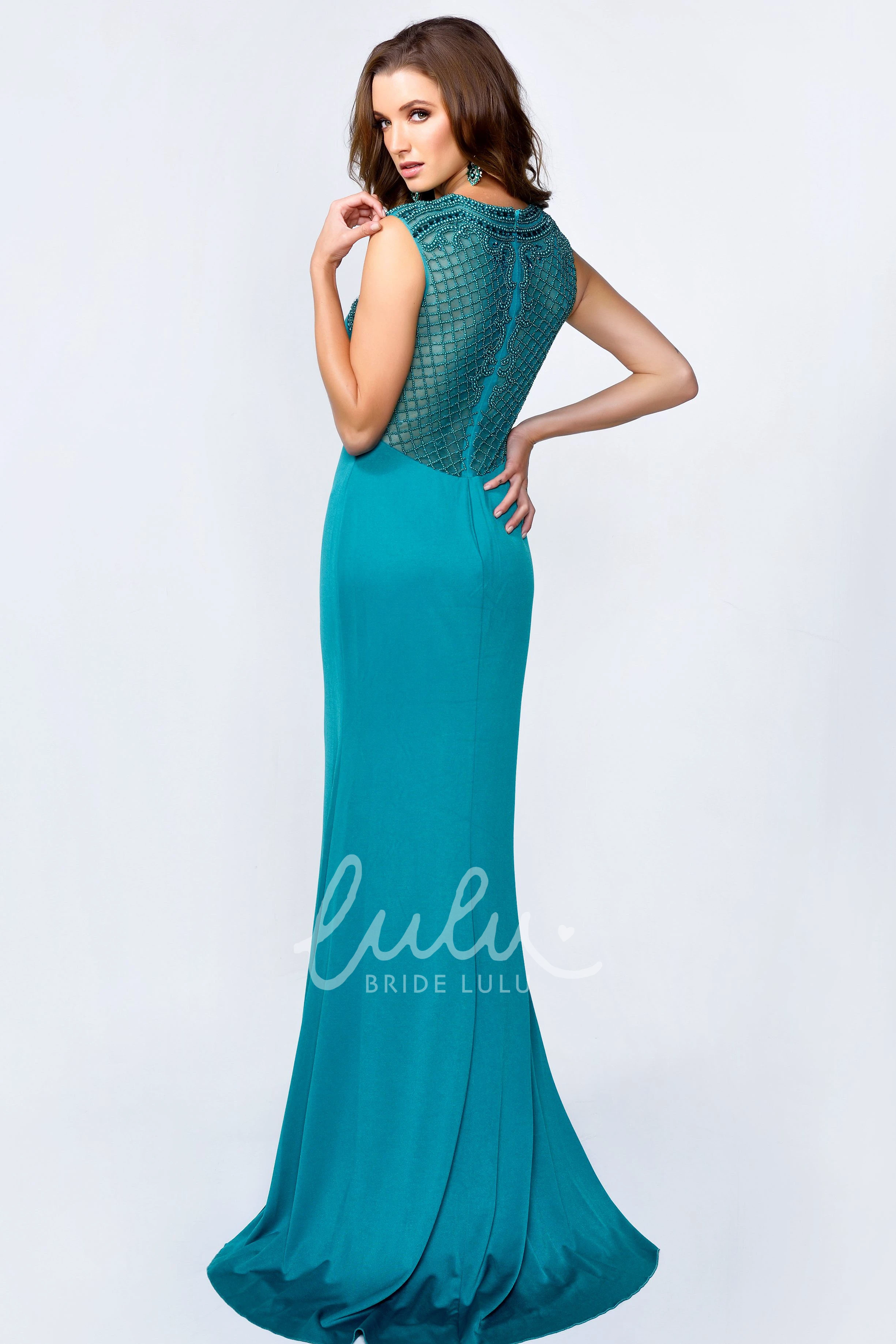 Long Sleeveless Sheath Formal Dress with Jewel-Neck and Beading