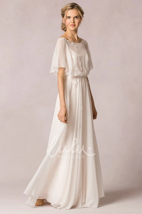 Scoop-Neck Chiffon Wedding Dress with Poet-Sleeves Sheath Floor-Length Appliqued