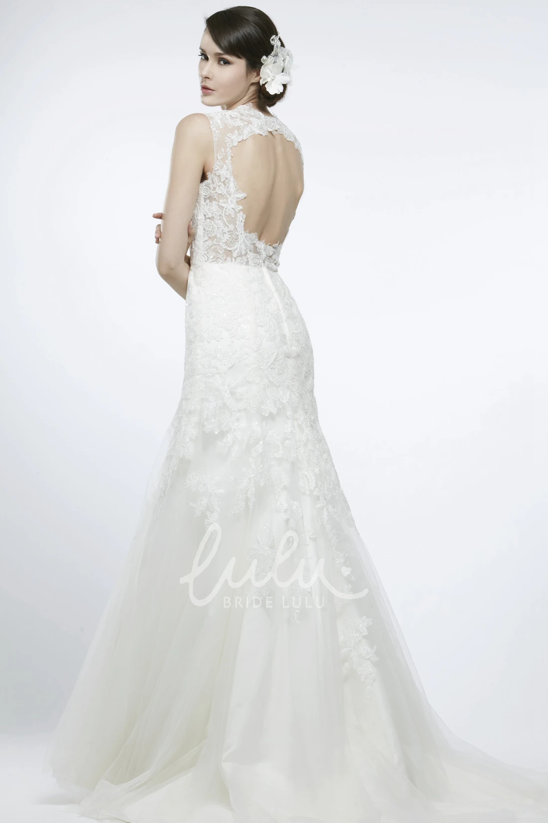 V-Neck Lace A-Line Spring Wedding Dress with Keyhole Back and Sweep Train