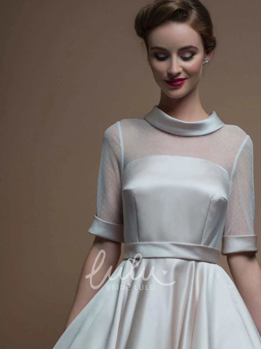 Illusion High Neck Sleeveless Tea-Length Satin Wedding Dress A-Line