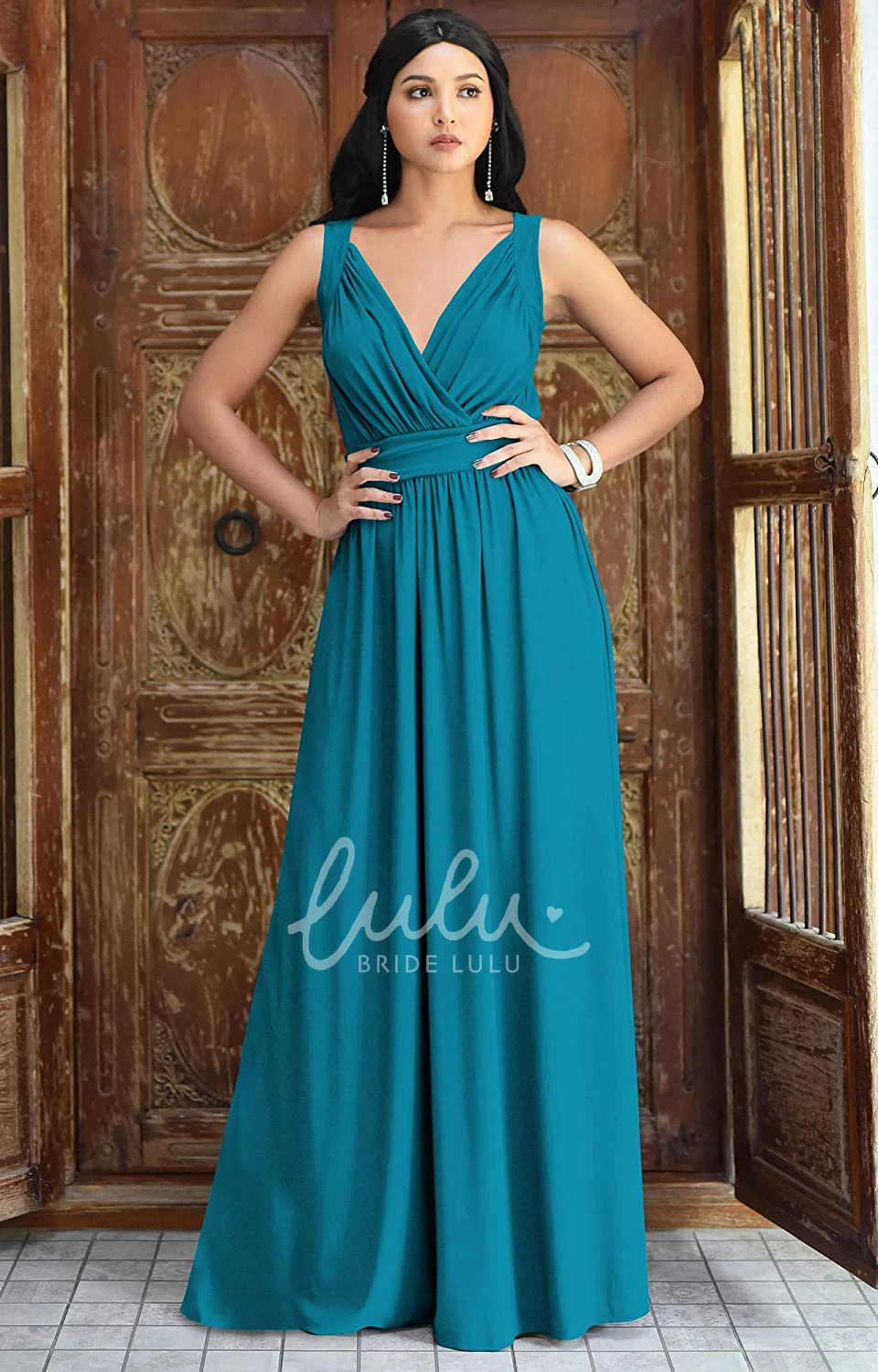Chiffon V-neck A-line Bridesmaid Dress with Ruching Casual Floor-length