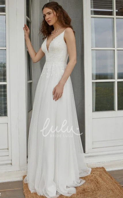 Modern Lace Sleeveless A Line Wedding Dress with Floor-length and V-neck Unique Wedding Dress