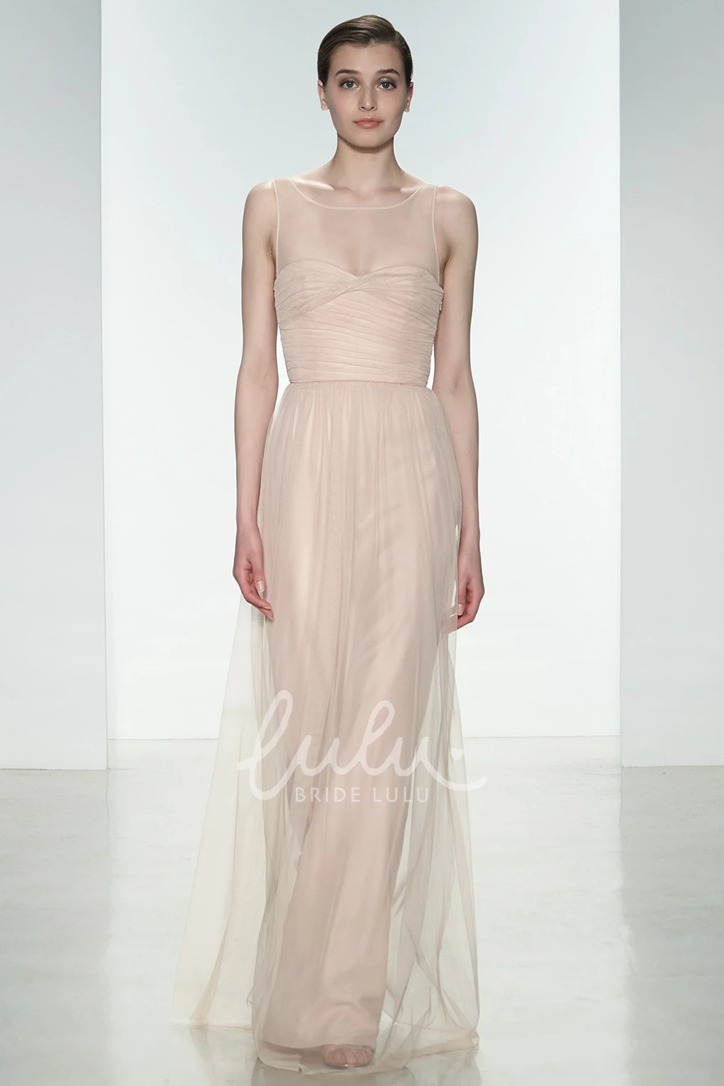 Ruched Sleeveless Tulle Sheath Bridesmaid Dress with Illusion Back Elegant Bridesmaid Dress