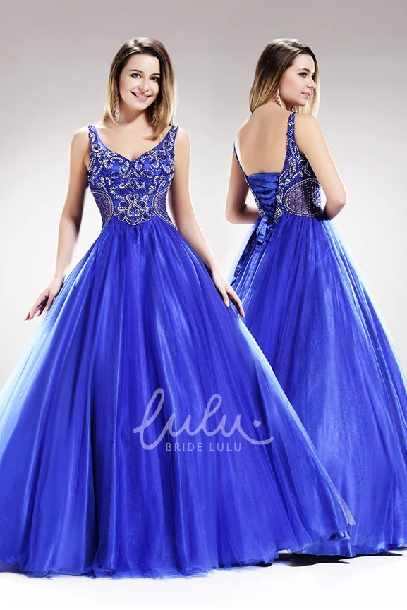 V-Neck Satin Corset Back A-Line Prom Dress with Beading and Ruffles