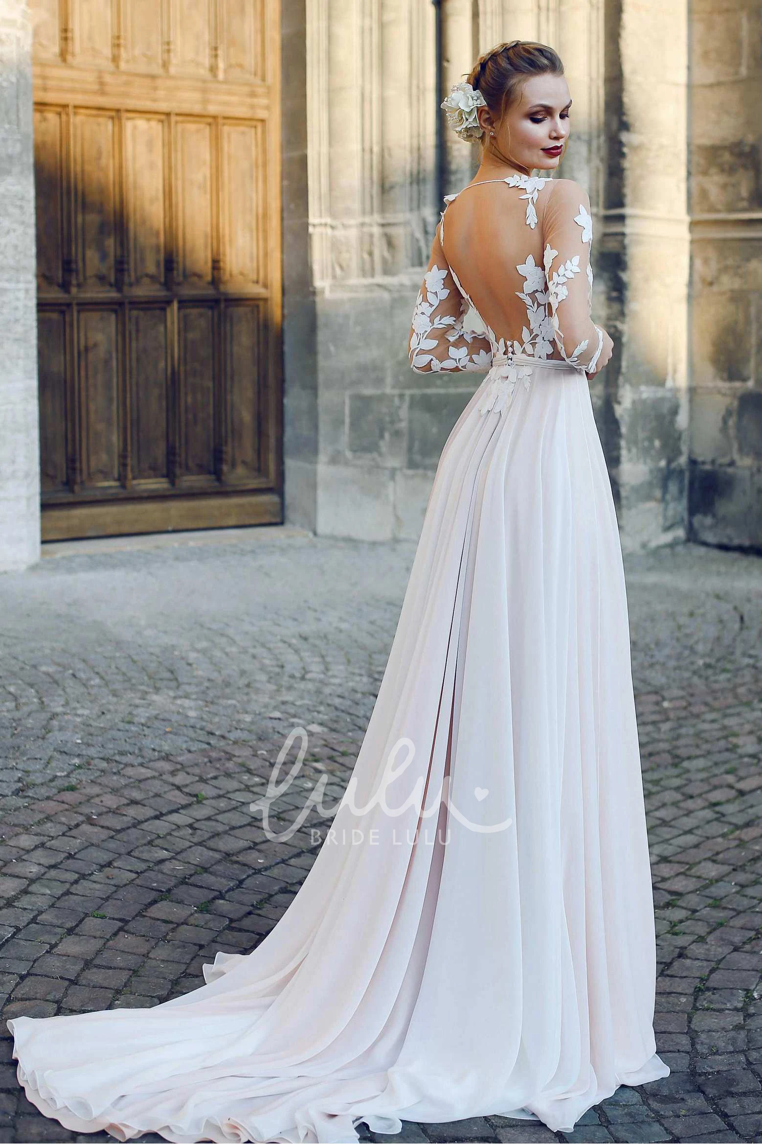 A-Line Chiffon Wedding Dress with Illusion Sleeves