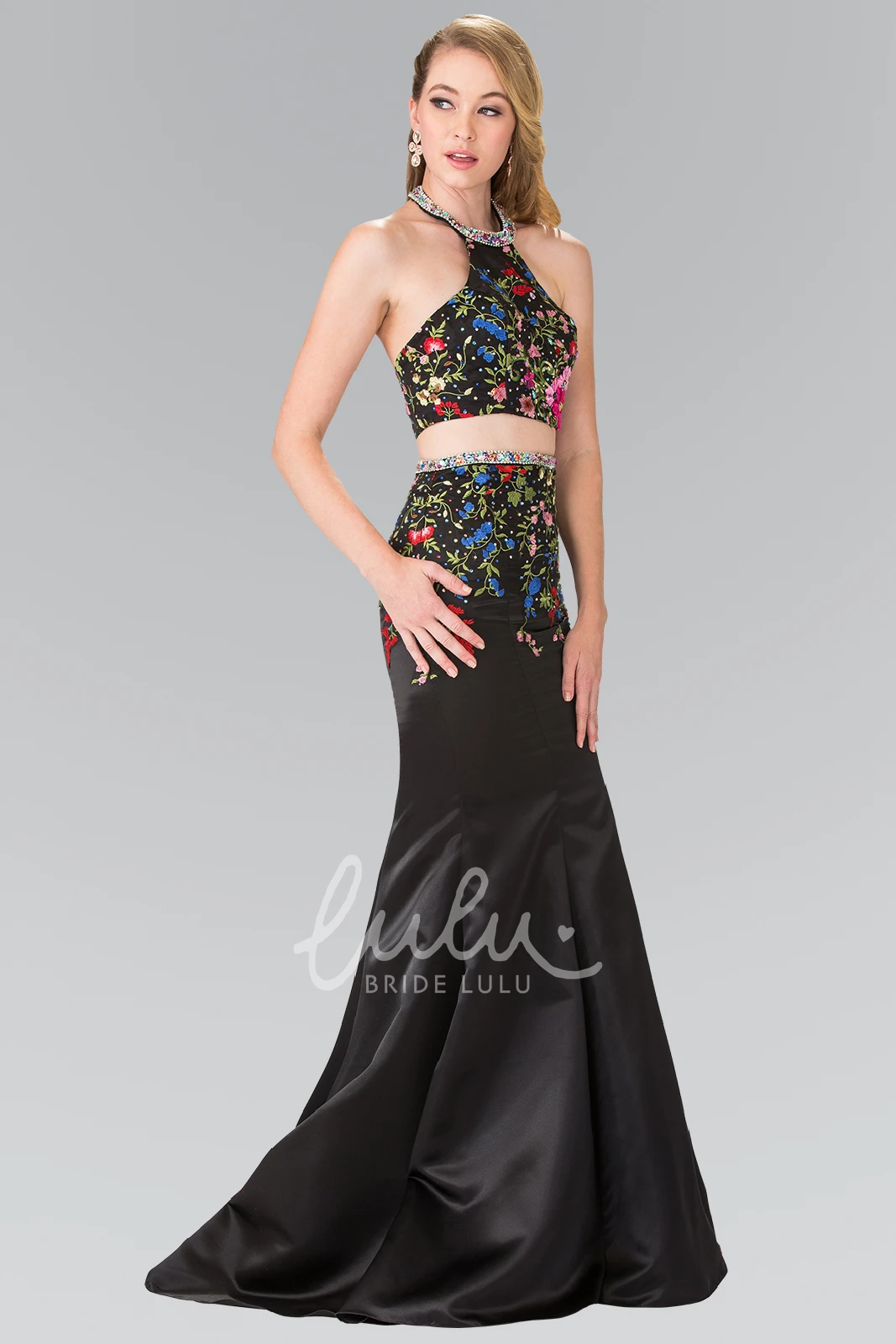 Embroidered Satin Two-Piece Sheath Dress for Prom or Formal Events