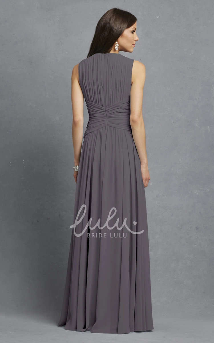 V-Neck Sleeveless Chiffon Dress with Ruching and Crisscross Detail