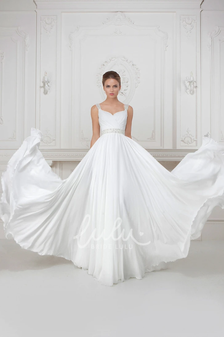 A-Line Sleeveless Chiffon Wedding Dress with Beaded Waist Jewelry and Pleats Long