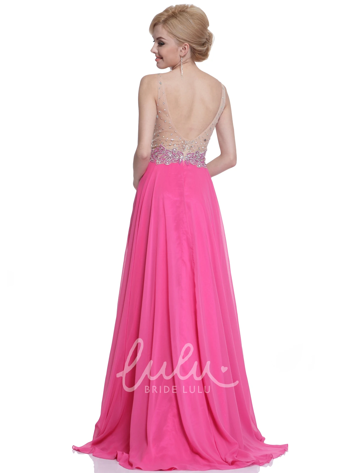 Chiffon A-Line Dress with Pleats Beading and Deep-V Back for Formal Events