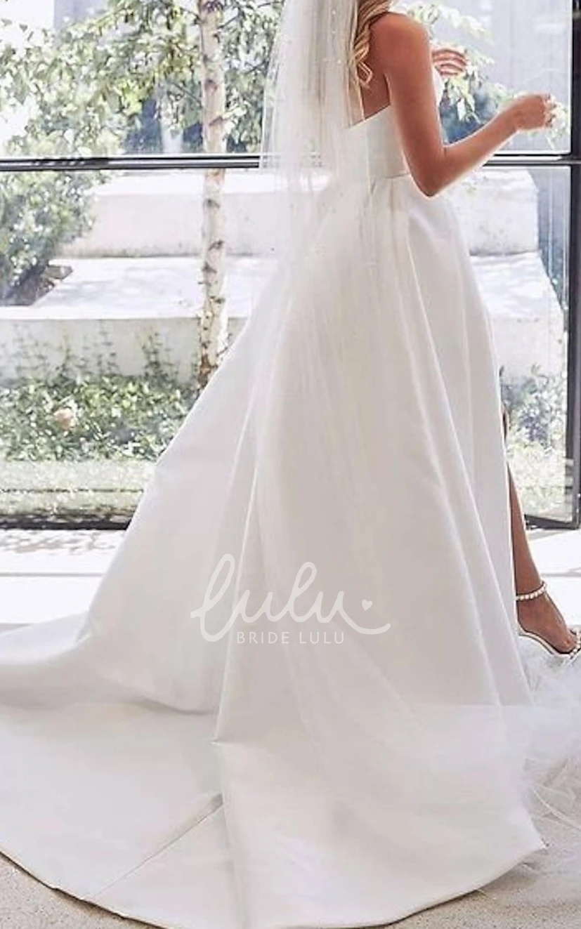 Sexy Beach Garden A-Line Satin Ball Gown Wedding Dress Formal Modern V-Neck Strapless Asymmetrical Split Front Prom Party Gown