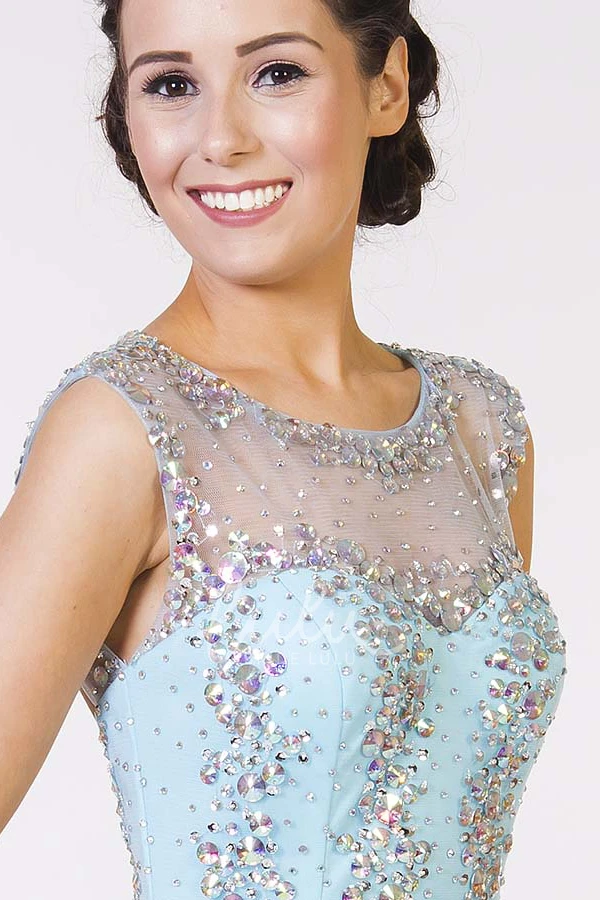 Sleeveless Beaded Sheath Tulle Prom Dress Scoop-Neck Floor-Length